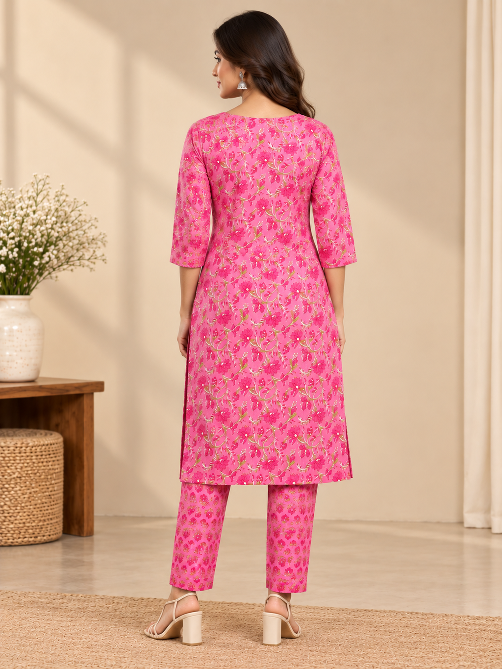 Pink Floral Kurta Pant Set