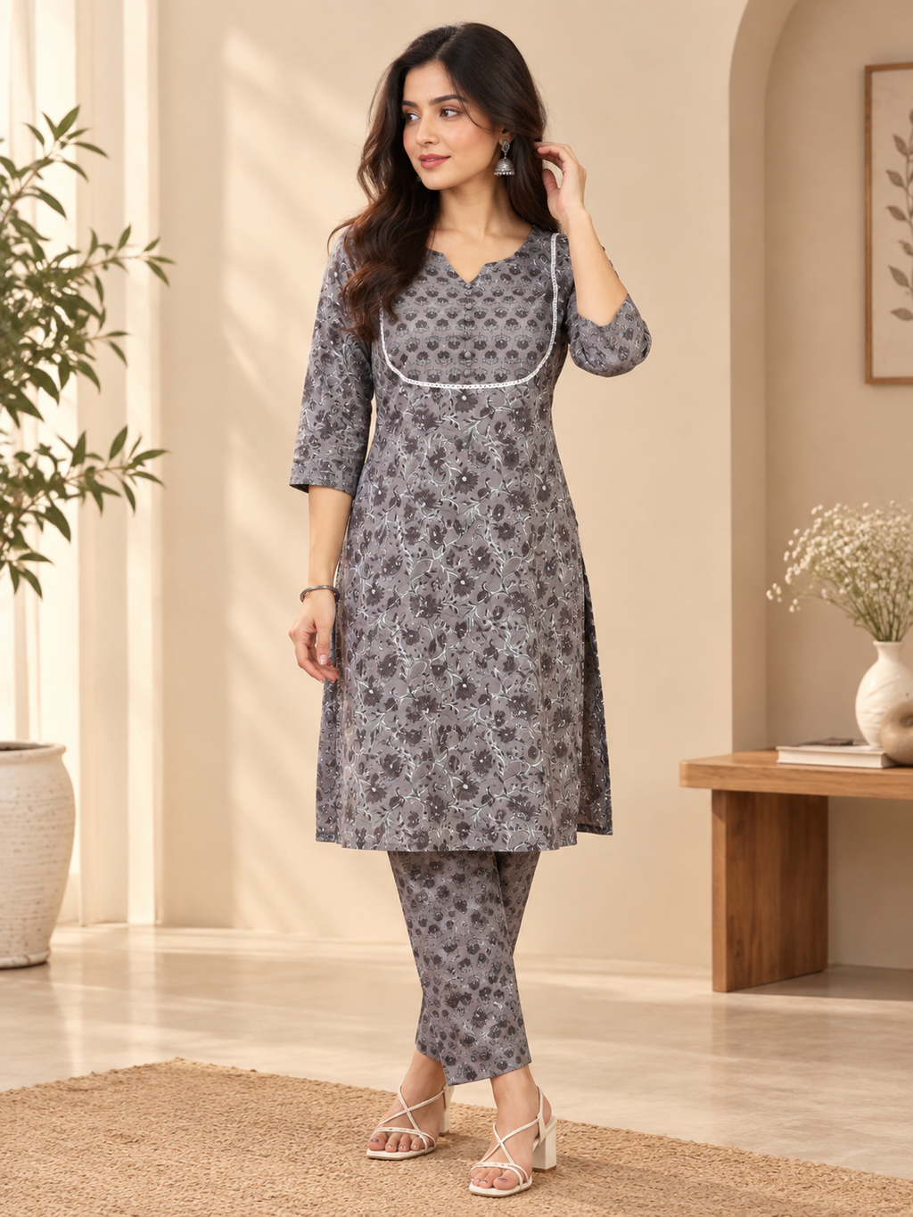 Grey Floral Kurta Pant Set