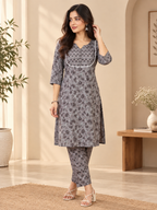 Grey Floral Kurta Pant Set