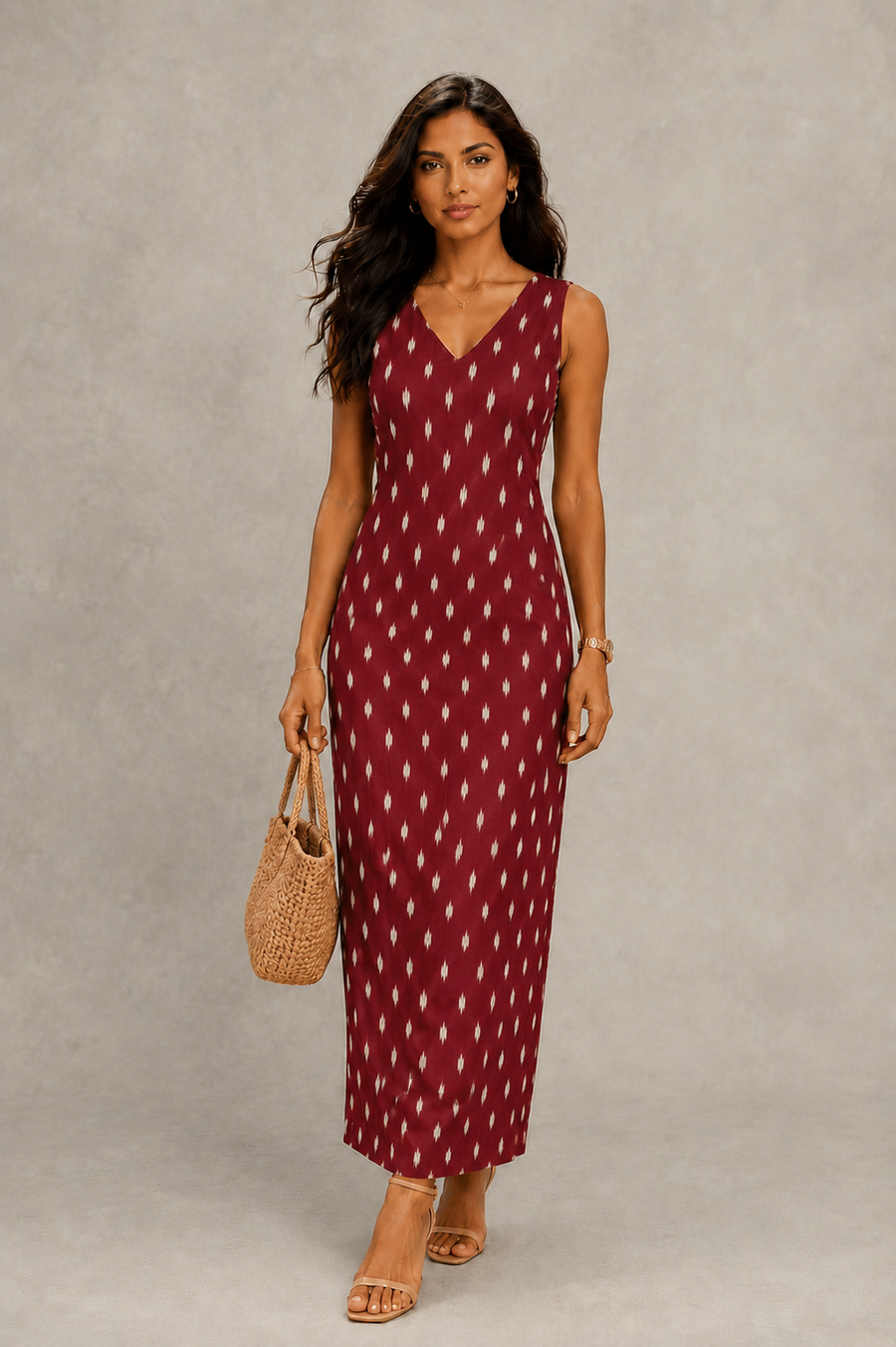 Maroon Printed Aline Midi Dress