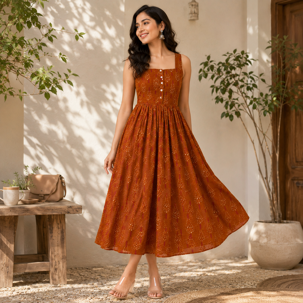 Rust Flare Midi Dress