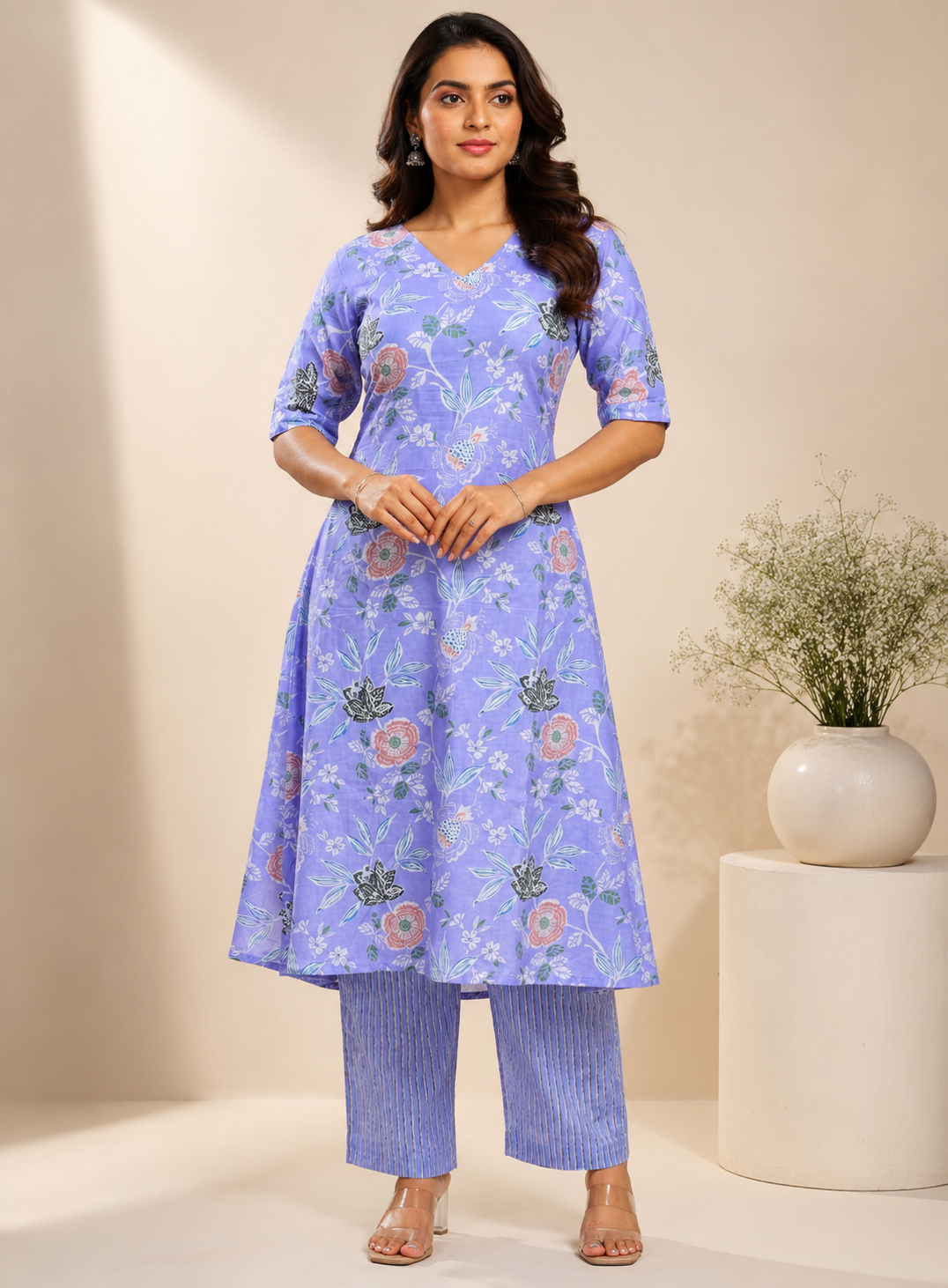 Lavender Floral Kurta Pant Set