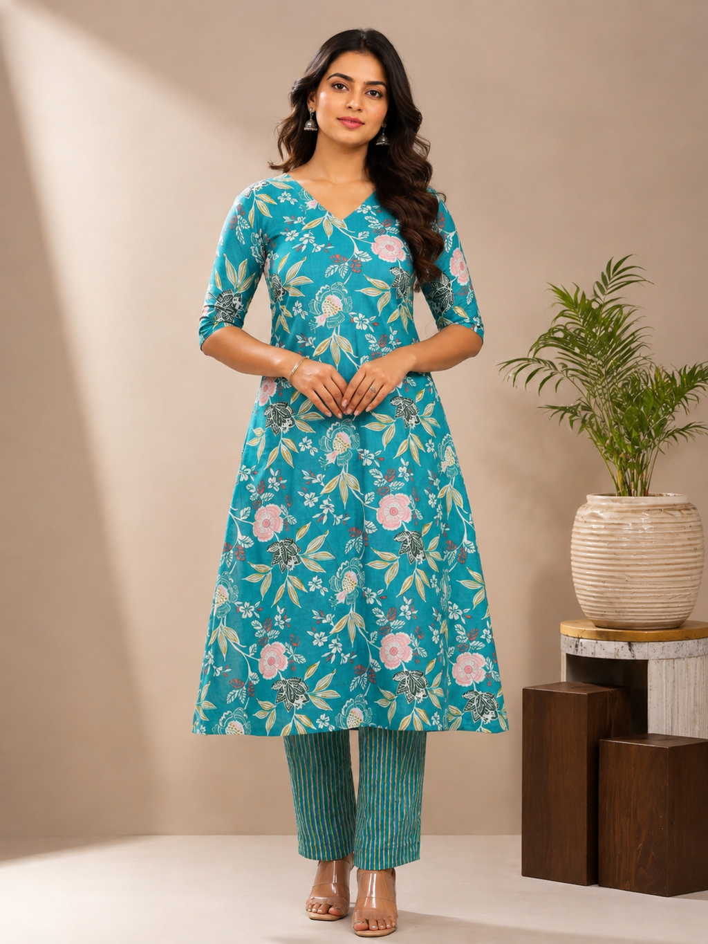 Aqua Floral Kurta Pant Set