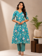 Aqua Floral Kurta Pant Set