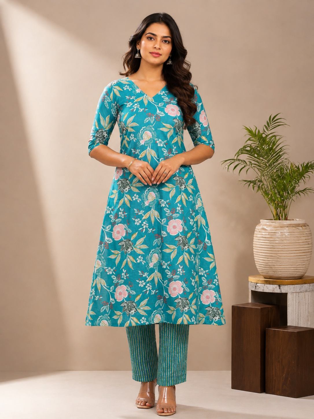 Aqua Floral Kurta Pant Set