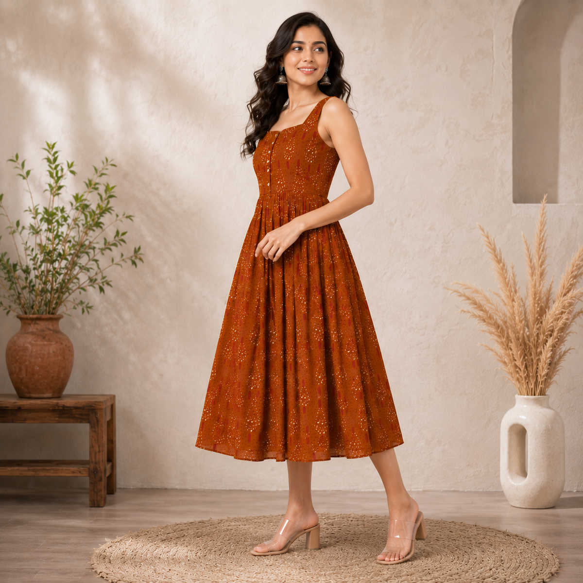 Rust Flare Midi Dress