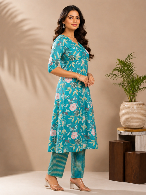Aqua Floral Kurta Pant Set