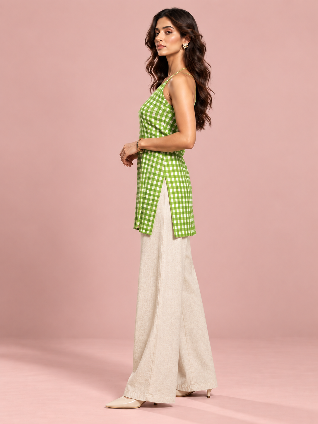 Lime Gingham Tie-Back Top