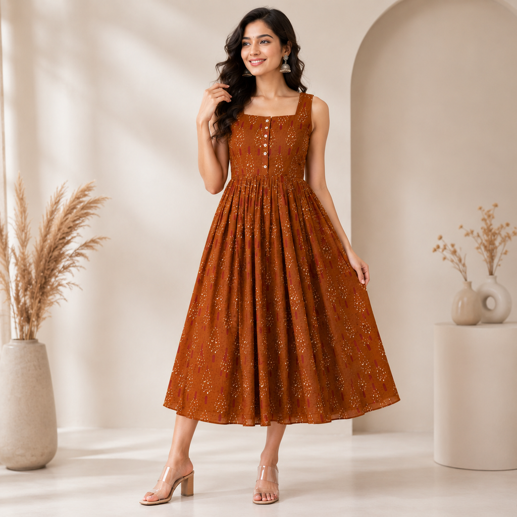 Rust Flare Midi Dress