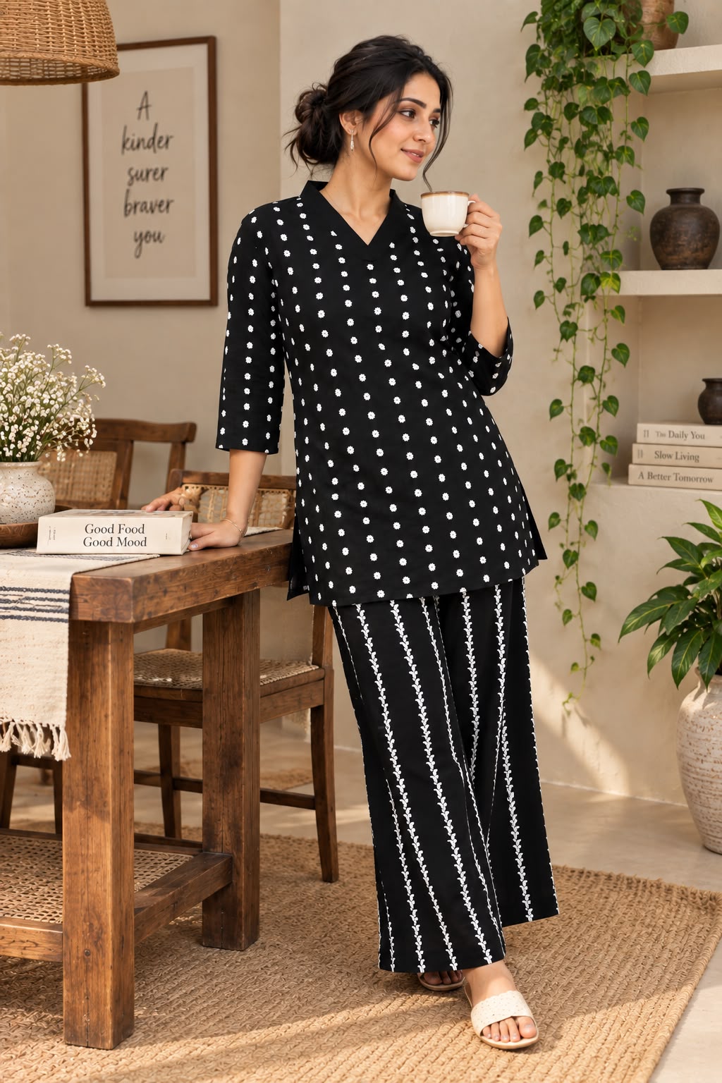 Black Flora Reyon Co-ord Set