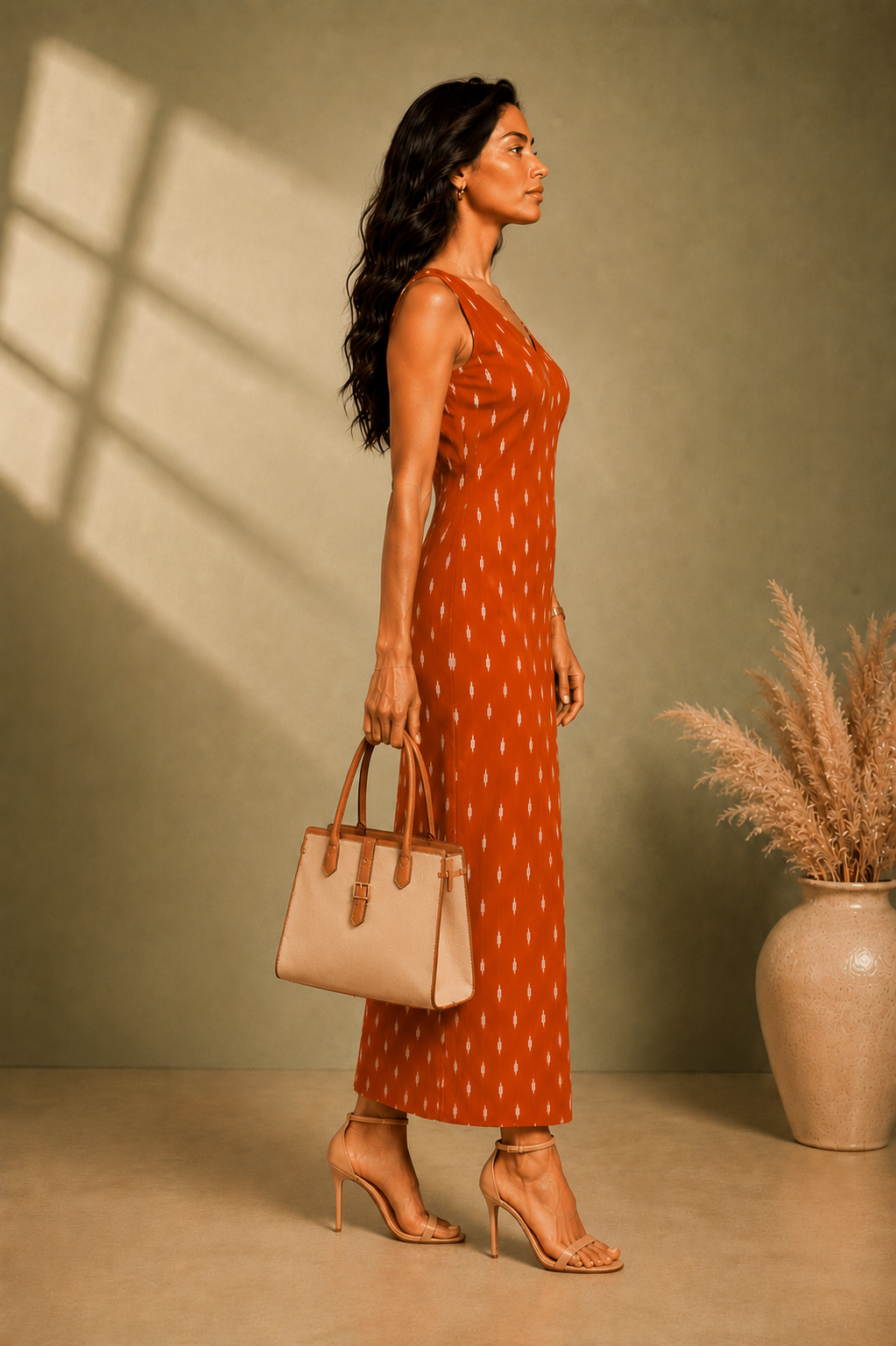 Rust-orange printed aline midi dress