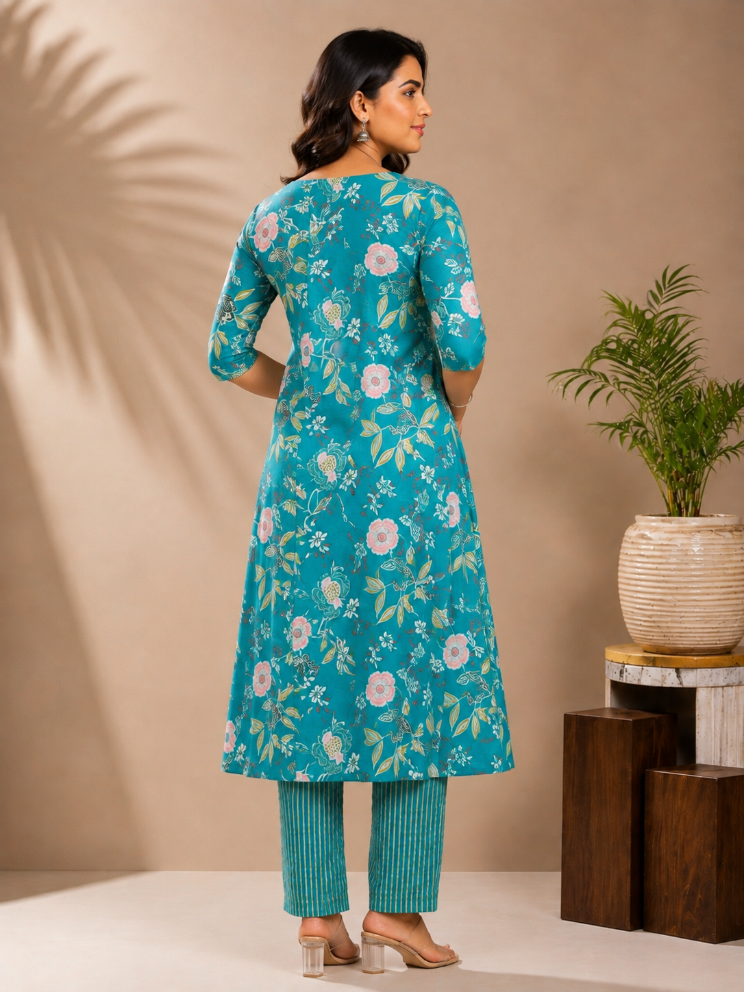 Aqua Floral Kurta Pant Set