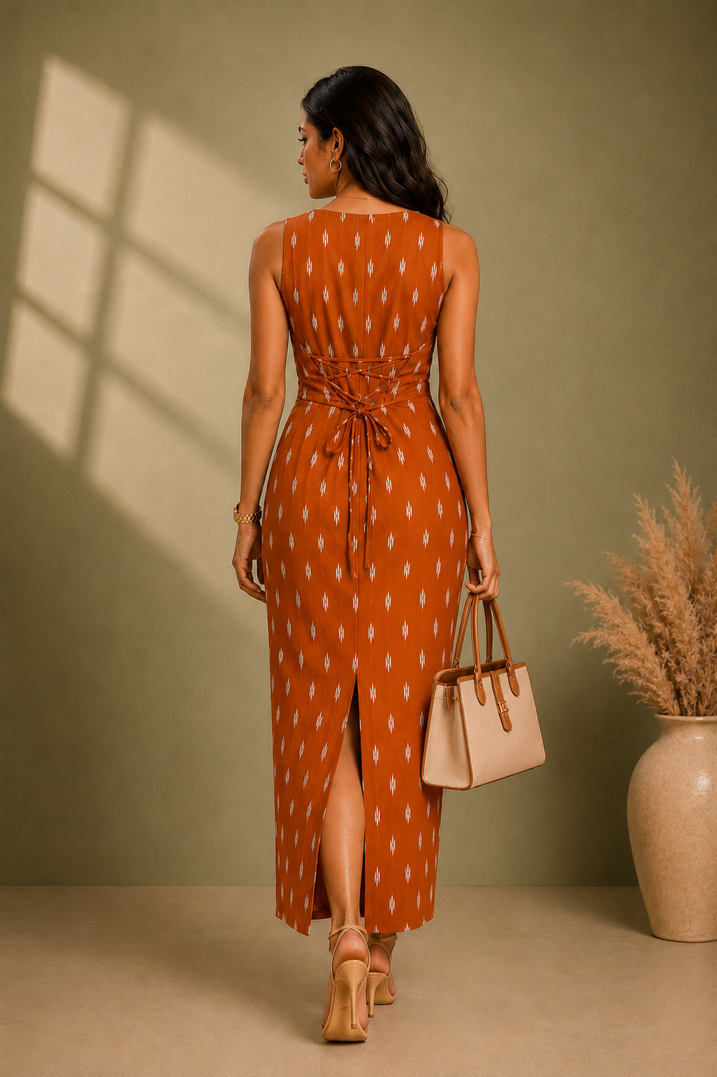 Rust-orange printed aline midi dress