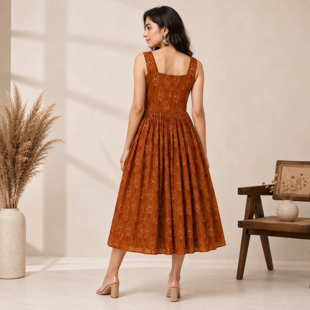 Rust Flare Midi Dress