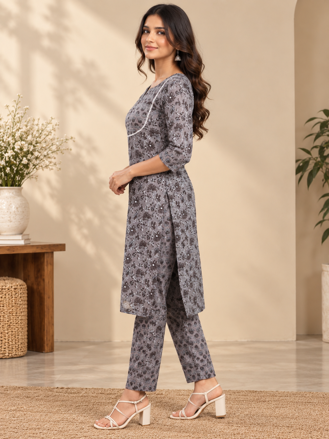 Grey Floral Kurta Pant Set