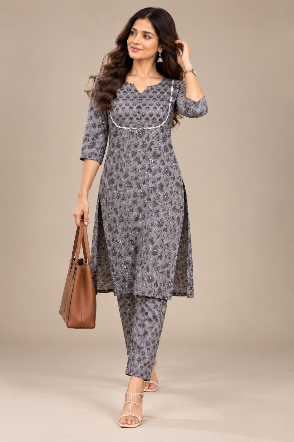 Grey Floral Kurta Pant Set