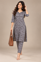 Grey Floral Kurta Pant Set