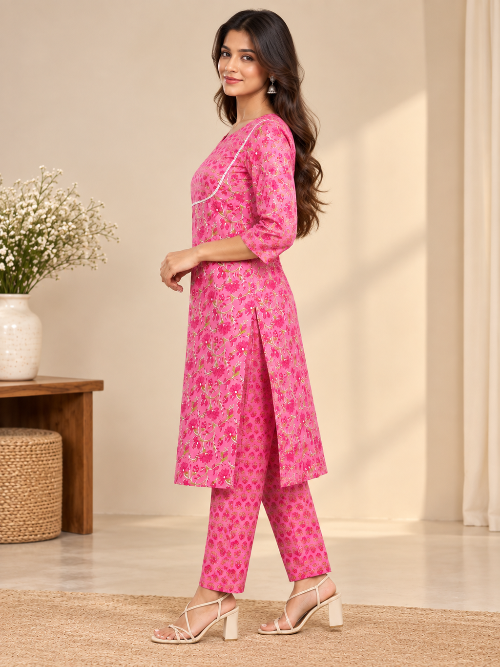 Pink Floral Kurta Pant Set