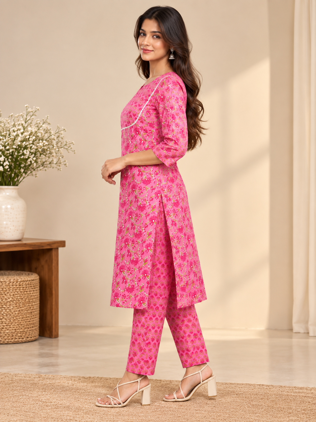 Pink Floral Kurta Pant Set