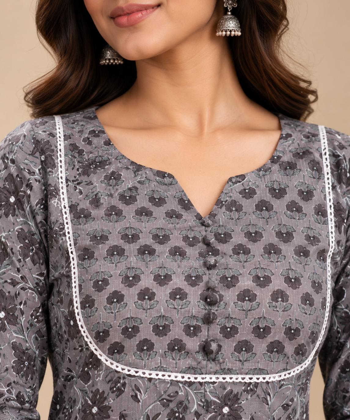 Grey Floral Kurta Pant Set