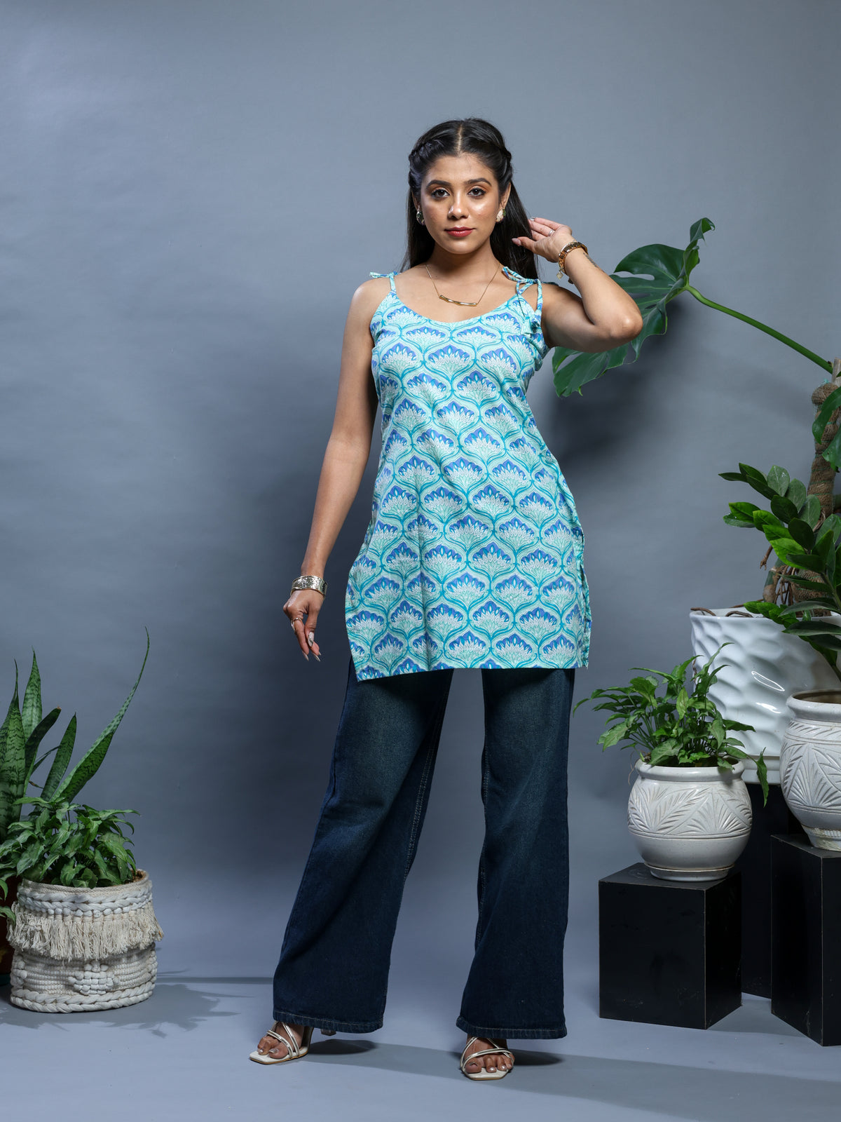 Aqua Geometric Sleeveless Top