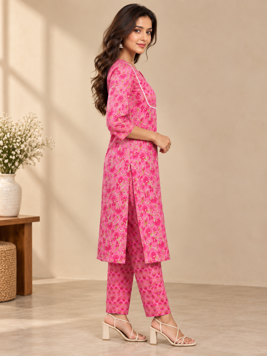 Pink Floral Kurta Pant Set