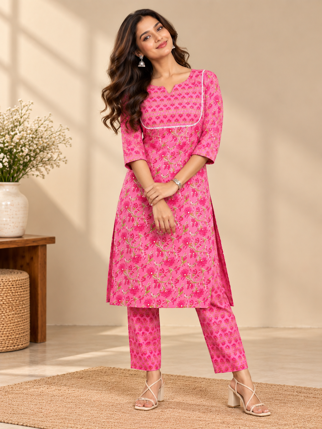 Pink Floral Kurta Pant Set