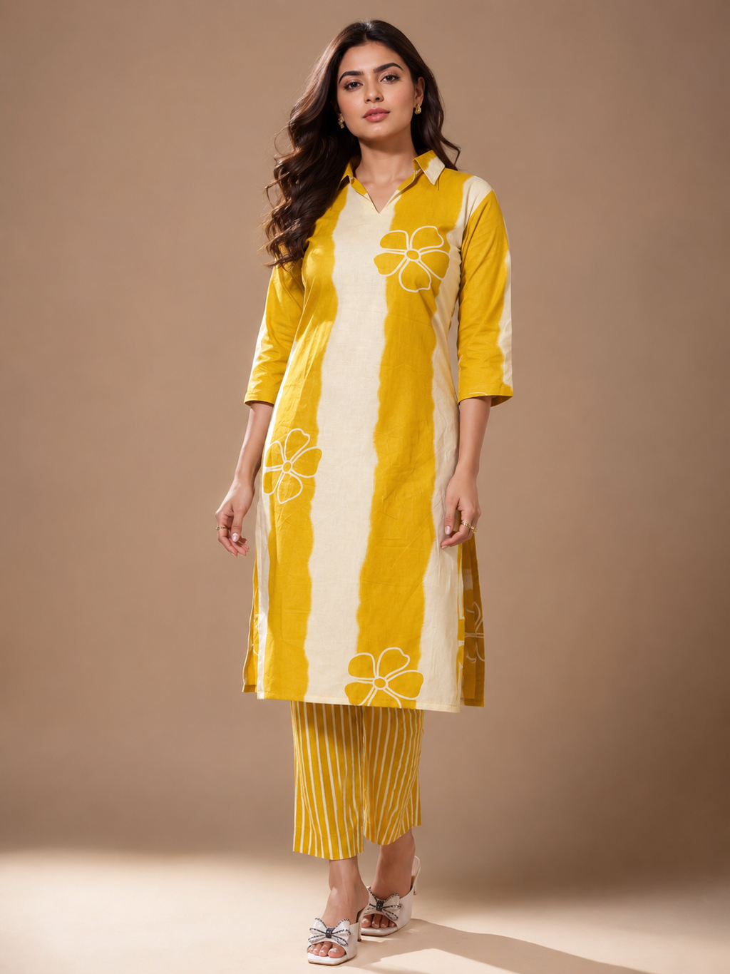 Mustard Ivory Printed Kurta Pant Set
