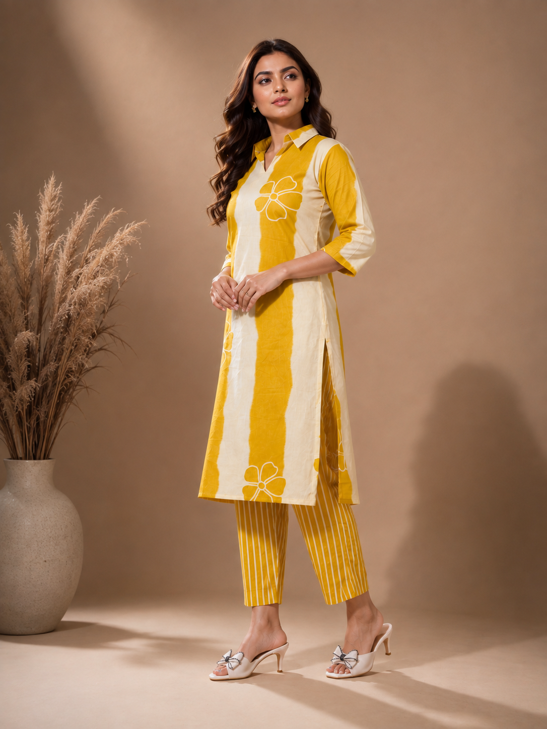 Mustard Ivory Printed Kurta Pant Set
