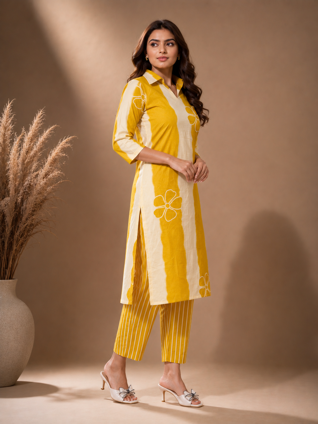 Mustard Ivory Printed Kurta Pant Set
