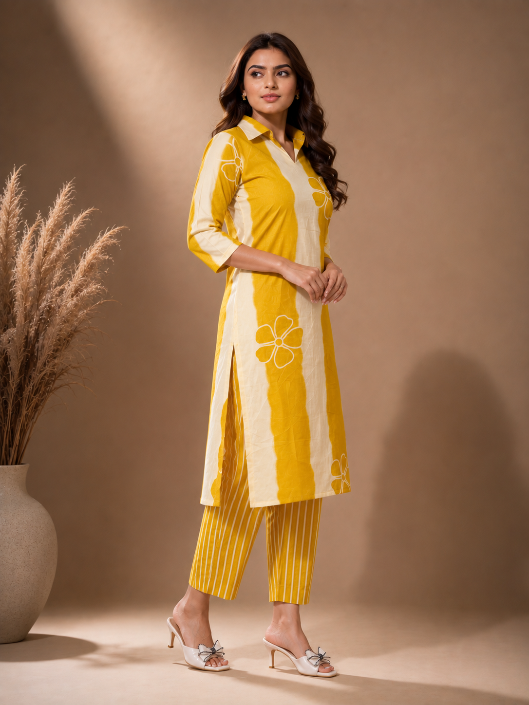 Mustard Ivory Printed Kurta Pant Set