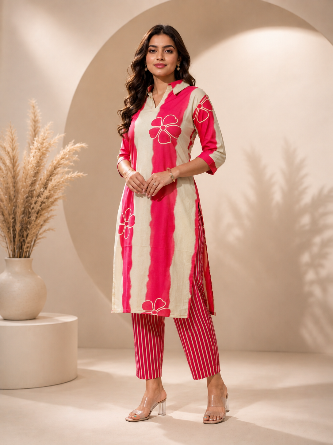 Pink Crimson Printed Kurta Pant Set