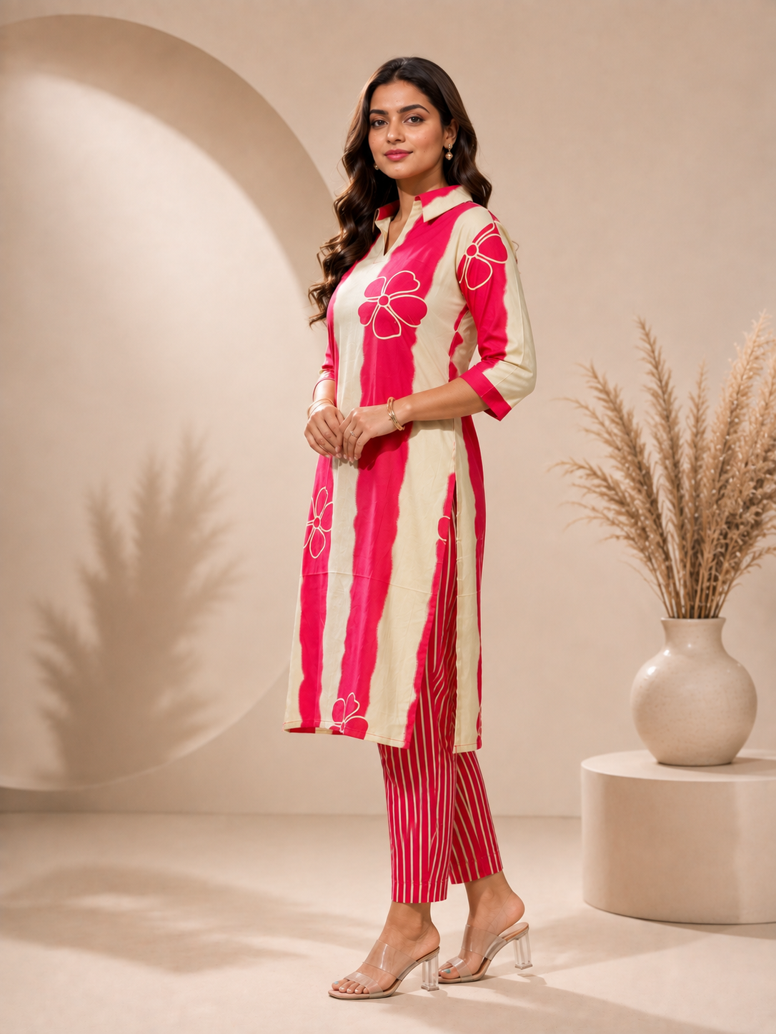 Pink Crimson Printed Kurta Pant Set