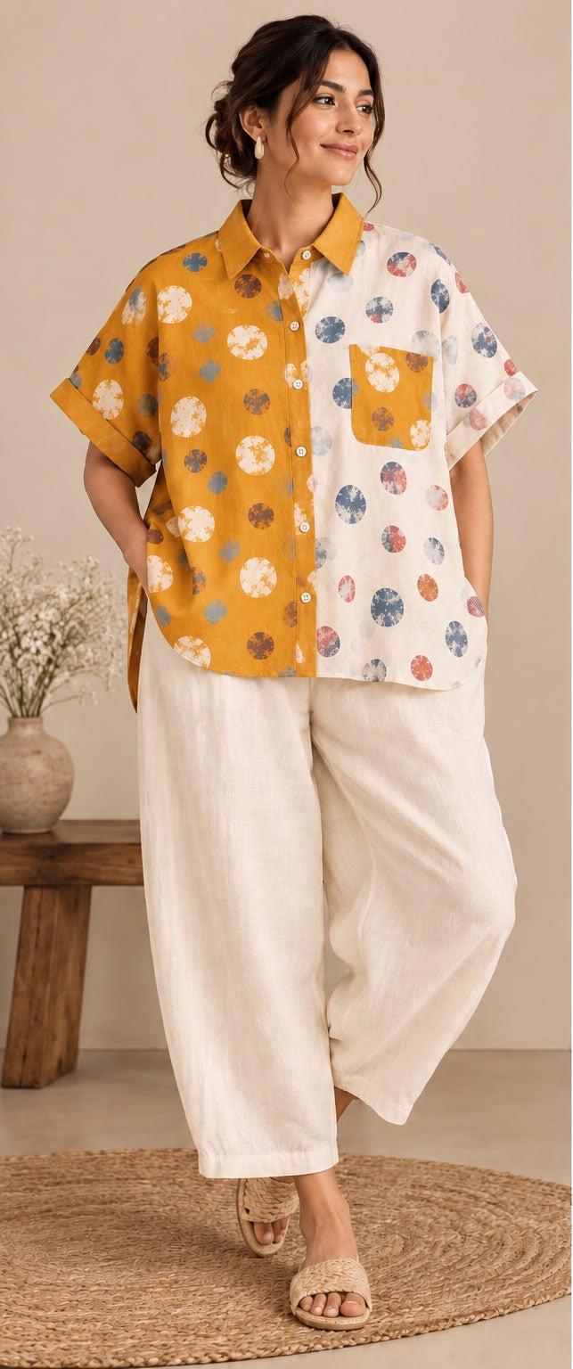 Mustard & Ivory Printed Shirt with Relaxed Pants